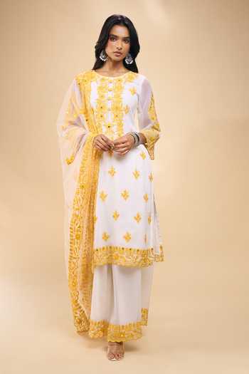 Buy Samyukta Singhania Off White Georgette Embroidery Round Neck Floral Kurta Palazzo Set Online at Aza Fashions Buy_Samyukta Singhania_Off White Georgette Embroidery Round Neck Floral Kurta Palazzo Set _Online_at_Aza_Fashions