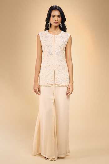 Samyukta Singhania Ivory Chanderi Round Neck Embroidered Jacket And Pant Set Online at Aza Fashions Samyukta Singhania_Ivory Chanderi Round Neck Embroidered Jacket And Pant Set _Online_at_Aza_Fashions