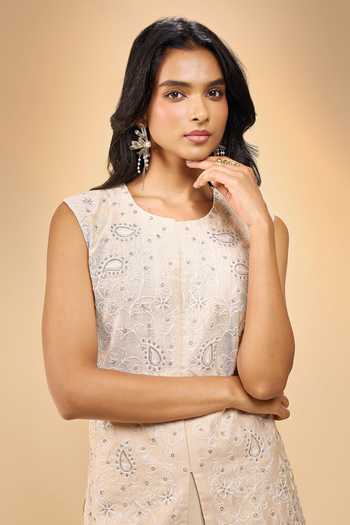 Shop Samyukta Singhania Ivory Chanderi Round Neck Embroidered Jacket And Pant Set Online at Aza Fashions Shop_Samyukta Singhania_Ivory Chanderi Round Neck Embroidered Jacket And Pant Set _Online_at_Aza_Fashions