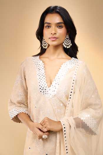 Shop_Samyukta Singhania_Ivory Chanderi V-neck, Yes Butti Embroidered Kurta Set _Online_at_Aza_Fashions