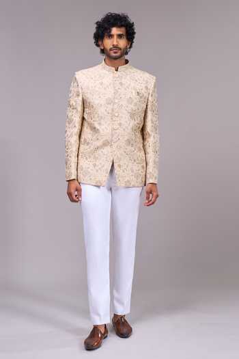 Shop Arihant Rai Sinha Beige Satin Button Down Bandhgala Shop_Arihant Rai Sinha_Beige Satin Button Down Bandhgala