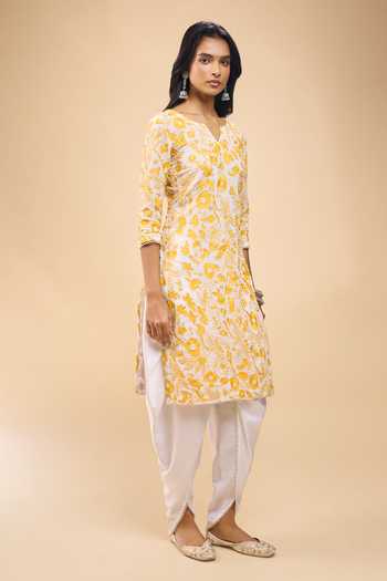 Buy_Samyukta Singhania_Ivory Chanderi Embroidery V-neck Floret Kurta Set _Online_at_Aza_Fashions