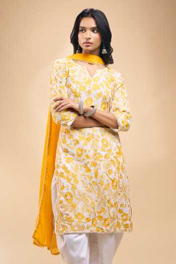 Shop_Samyukta Singhania_Ivory Chanderi Embroidery V-neck Floret Kurta Set _Online_at_Aza_Fashions