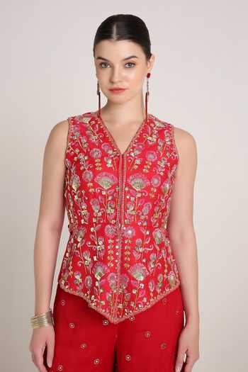 Shop KEITH GOMES Red Silk, Georgette Embroidery V-neck Tunic And Palazzo Set Online at Aza Fashions Shop_KEITH GOMES_Red Silk, Georgette Embroidery V-neck Tunic And Palazzo Set _Online_at_Aza_Fashions
