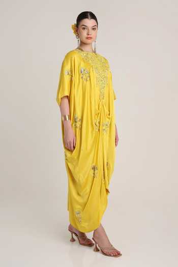Shop KEITH GOMES Mustard Satin Round Neck Embroidered Kaftan Online at Aza Fashions Shop_KEITH GOMES_Mustard Satin Round Neck Embroidered Kaftan _Online_at_Aza_Fashions