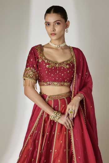 Buy Essay By Sumedha Agrawal Red Silk, Chanderi, Can-can, Organza, Viscose Leaf Neck Embroidered Lehenga Set Online at Aza Fashions Buy_Essay By Sumedha Agrawal_Red Silk, Chanderi, Can-can, Organza, Viscose Leaf Neck Embroidered Lehenga Set _Online_at_Aza_Fashions