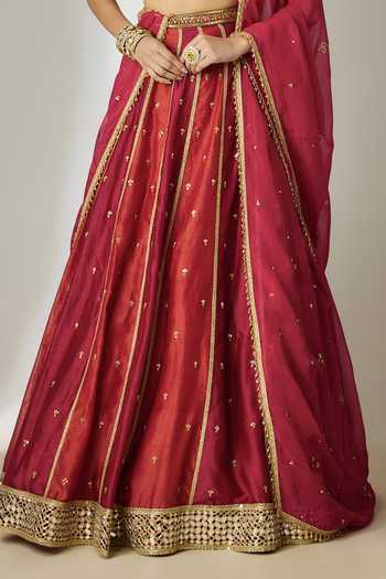 Essay By Sumedha Agrawal Red Silk, Chanderi, Can-can, Organza, Viscose Leaf Neck Embroidered Lehenga Set Online at Aza Fashions Essay By Sumedha Agrawal_Red Silk, Chanderi, Can-can, Organza, Viscose Leaf Neck Embroidered Lehenga Set _Online_at_Aza_Fashions