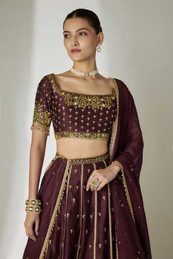 Essay By Sumedha Agrawal Wine Silk, Chanderi, Organza, Viscose Square Neck Lehenga Set Online at Aza Fashions Essay By Sumedha Agrawal_Wine Silk, Chanderi, Organza, Viscose Square Neck Lehenga Set _Online_at_Aza_Fashions