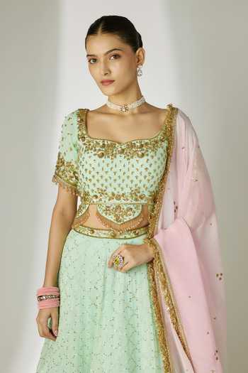 Buy Essay By Sumedha Agrawal Green Organza, Viscose Square Neck Hand Embellished Lehenga Set Online at Aza Fashions Buy_Essay By Sumedha Agrawal_Green Organza, Viscose Square Neck Hand Embellished Lehenga Set _Online_at_Aza_Fashions