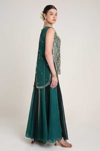 KEITH GOMES Teal Silk Organza, Lycra, Net Zari Round Sequin Mirror Embroidered Kurta Set Online at Aza Fashions KEITH GOMES_Teal Silk Organza, Lycra, Net Zari Round Sequin Mirror Embroidered Kurta Set _Online_at_Aza_Fashions
