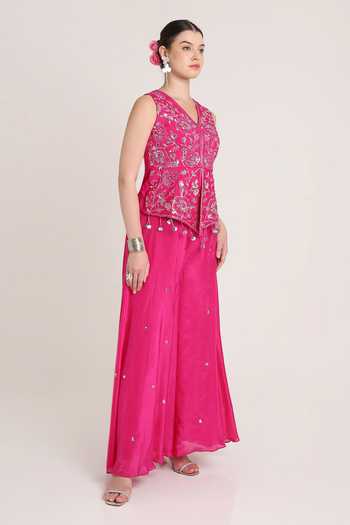 KEITH GOMES Pink Organza Sequins V-neck Glass Tunic And Palazzo Set Online at Aza Fashions KEITH GOMES_Pink Organza Sequins V-neck Glass Tunic And Palazzo Set _Online_at_Aza_Fashions