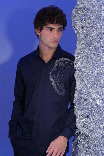 Sanjana Reddy Designs Blue Cotton Lion Face Embroidered Shirt Online at Aza Fashions Sanjana Reddy Designs_Blue Cotton Lion Face Embroidered Shirt _Online_at_Aza_Fashions