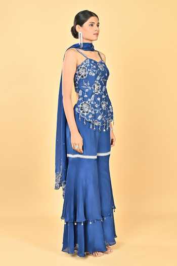 Shop KEITH GOMES Navy , , Sweetheart Neck Glass Tunic Set With Gharara Online at Aza Fashions Shop_KEITH GOMES_Navy , , Sweetheart Neck Glass Tunic Set With Gharara _Online_at_Aza_Fashions