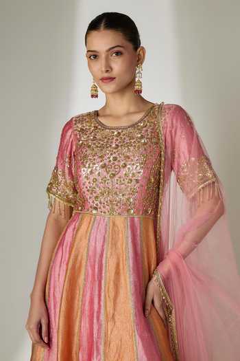 Essay By Sumedha Agrawal Pink Silk, Tissue, Net Mirrors Round Neck Hand Embroidered Anarkali Set Online at Aza Fashions Essay By Sumedha Agrawal_Pink Silk, Tissue, Net Mirrors Round Neck Hand Embroidered Anarkali Set _Online_at_Aza_Fashions