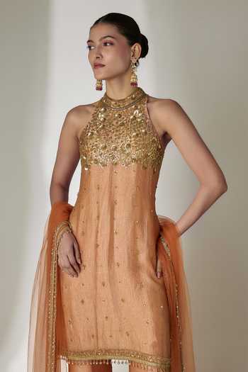 Essay By Sumedha Agrawal Orange Silk, Tissue Halter Neck, Yes Embroidered Kurta Sharara Set Online at Aza Fashions Essay By Sumedha Agrawal_Orange Silk, Tissue Halter Neck, Yes Embroidered Kurta Sharara Set _Online_at_Aza_Fashions