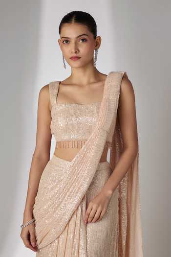 Essay By Sumedha Agrawal Ivory Net Square Neck Hand Embroidered Pre-draped Saree With Blouse Online at Aza Fashions Essay By Sumedha Agrawal_Ivory Net Square Neck Hand Embroidered Pre-draped Saree With Blouse _Online_at_Aza_Fashions