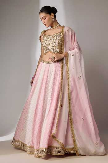 Essay By Sumedha Agrawal Pink Cotton, Organza, Viscose Leaf Neck Hand Embroidered Lehenga Set Online at Aza Fashions Essay By Sumedha Agrawal_Pink Cotton, Organza, Viscose Leaf Neck Hand Embroidered Lehenga Set _Online_at_Aza_Fashions