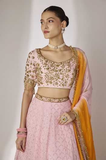 Essay By Sumedha Agrawal Pink Organza, Viscose Round Neck Hand Embroidered Lehenga Set Online at Aza Fashions Essay By Sumedha Agrawal_Pink Organza, Viscose Round Neck Hand Embroidered Lehenga Set _Online_at_Aza_Fashions