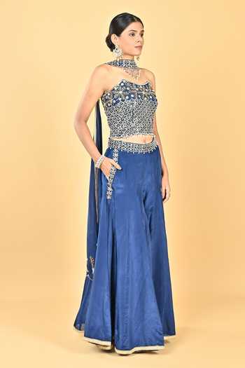 KEITH GOMES Navy Silk Organza Sequins, Beads, Zari, Embroidery Hand Corset Palazzo Set Online at Aza Fashions KEITH GOMES_Navy Silk Organza Sequins, Beads, Zari, Embroidery Hand Corset Palazzo Set _Online_at_Aza_Fashions