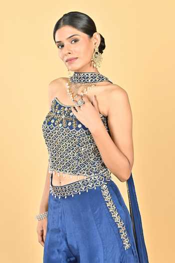 Buy KEITH GOMES Navy Silk Organza Sequins, Beads, Zari, Embroidery Hand Corset Palazzo Set Online at Aza Fashions Buy_KEITH GOMES_Navy Silk Organza Sequins, Beads, Zari, Embroidery Hand Corset Palazzo Set _Online_at_Aza_Fashions