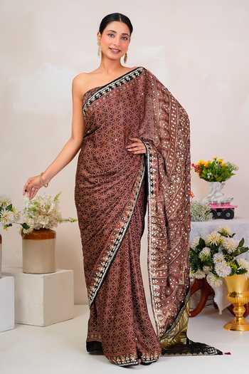 Shop_Geroo Jaipur_Brown Silk, Modal Scoop Neck Ajrakh Print Saree With Blouse _Online_at_Aza_Fashions