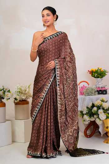 Geroo Jaipur_Brown Silk, Modal Scoop Neck Ajrakh Print Saree With Blouse _at_Aza_Fashions