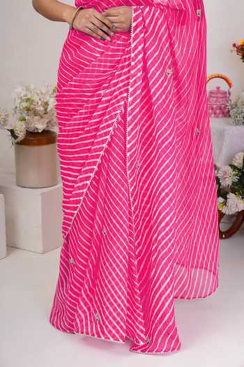 Shop_Geroo Jaipur_Pink Georgette, Crepe Scoop Neck Leheriya Pattern Saree With Blouse 