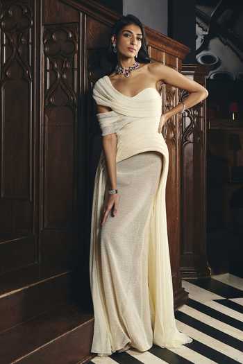 Supria Munjal Ivory Tulle One Shoulder Draped Gown Online at Aza Fashions Supria Munjal_Ivory Tulle One Shoulder Draped Gown _Online_at_Aza_Fashions