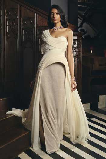 Buy Supria Munjal Ivory Tulle One Shoulder Draped Gown Online at Aza Fashions Buy_Supria Munjal_Ivory Tulle One Shoulder Draped Gown _Online_at_Aza_Fashions