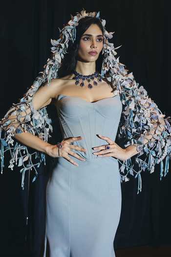 Shop Supria Munjal Grey Crepe Sweetheart Neck Strapless Gown With Cape Online at Aza Fashions Shop_Supria Munjal_Grey Crepe Sweetheart Neck Strapless Gown With Cape _Online_at_Aza_Fashions