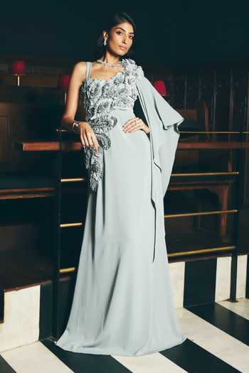 Supria Munjal Grey Crepe Applique Asymmetric Neck Draped Gown Online at Aza Fashions Supria Munjal_Grey Crepe Applique Asymmetric Neck Draped Gown _Online_at_Aza_Fashions