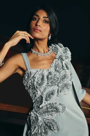 Supria Munjal Grey Crepe Applique Asymmetric Neck Draped Gown at Aza Fashions Supria Munjal_Grey Crepe Applique Asymmetric Neck Draped Gown _at_Aza_Fashions