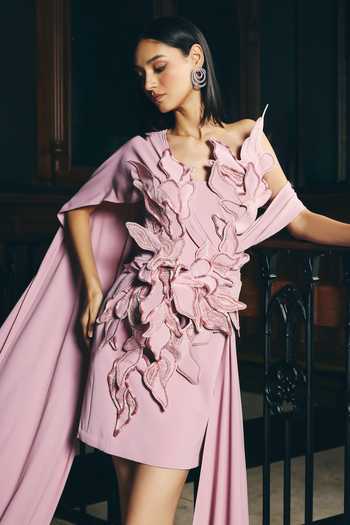 Buy Supria Munjal Pink Crepe One Shoulder Petal Embroidered Dress Online at Aza Fashions Buy_Supria Munjal_Pink Crepe One Shoulder Petal Embroidered Dress _Online_at_Aza_Fashions
