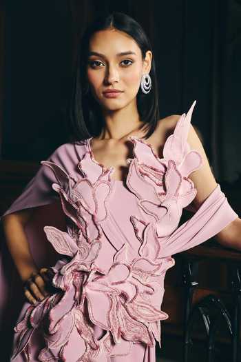Shop Supria Munjal Pink Crepe One Shoulder Petal Embroidered Dress Online at Aza Fashions Shop_Supria Munjal_Pink Crepe One Shoulder Petal Embroidered Dress _Online_at_Aza_Fashions