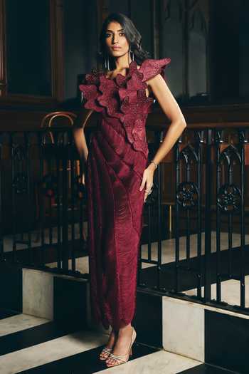 Supria Munjal Wine One Shoulder Ruffle Cascade Dress Online at Aza Fashions Supria Munjal_Wine One Shoulder Ruffle Cascade Dress _Online_at_Aza_Fashions