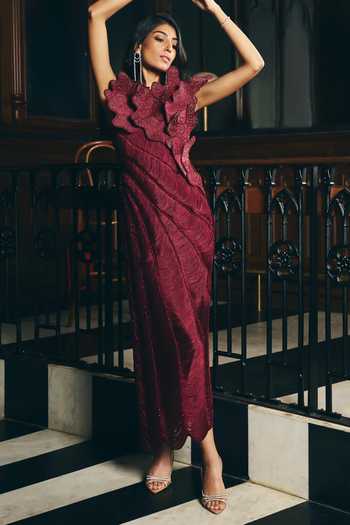Buy Supria Munjal Wine One Shoulder Ruffle Cascade Dress Online at Aza Fashions Buy_Supria Munjal_Wine One Shoulder Ruffle Cascade Dress _Online_at_Aza_Fashions
