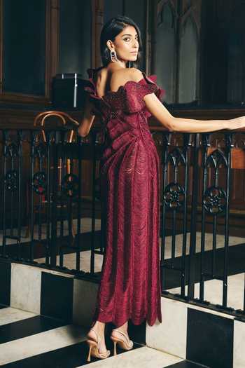 Shop Supria Munjal Wine One Shoulder Ruffle Cascade Dress Online at Aza Fashions Shop_Supria Munjal_Wine One Shoulder Ruffle Cascade Dress _Online_at_Aza_Fashions