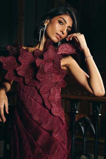 Supria Munjal Wine One Shoulder Ruffle Cascade Dress at Aza Fashions Supria Munjal_Wine One Shoulder Ruffle Cascade Dress _at_Aza_Fashions