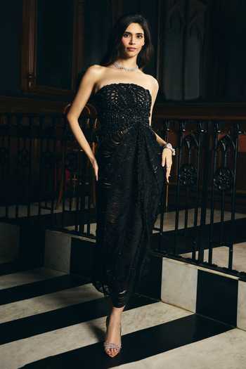 Shop Supria Munjal Black Bandeau Neck Macrame Cascade Dress Online at Aza Fashions Shop_Supria Munjal_Black Bandeau Neck Macrame Cascade Dress _Online_at_Aza_Fashions