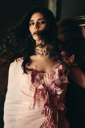 Supria Munjal Pink Organza Fabric Flowers One Shoulder Petal Wrap Gown Online at Aza Fashions Supria Munjal_Pink Organza Fabric Flowers One Shoulder Petal Wrap Gown _Online_at_Aza_Fashions