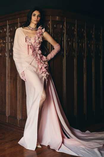 Buy Supria Munjal Pink Organza Fabric Flowers One Shoulder Petal Wrap Gown Buy_Supria Munjal_Pink Organza Fabric Flowers One Shoulder Petal Wrap Gown