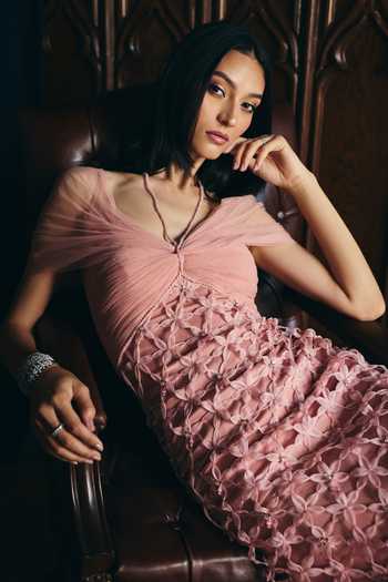 Supria Munjal Pink Organza, Tulle Fabric Flowers Off-shoulder Sleek Lattice Draped Gown Online at Aza Fashions Supria Munjal_Pink Organza, Tulle Fabric Flowers Off-shoulder Sleek Lattice Draped Gown _Online_at_Aza_Fashions