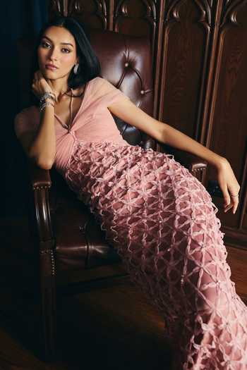 Buy Supria Munjal Pink Organza, Tulle Fabric Flowers Off-shoulder Sleek Lattice Draped Gown Online at Aza Fashions Buy_Supria Munjal_Pink Organza, Tulle Fabric Flowers Off-shoulder Sleek Lattice Draped Gown _Online_at_Aza_Fashions