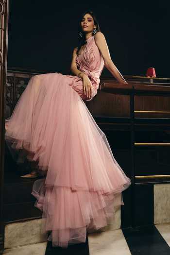 Supria Munjal Pink Tulle Applique Asymmetric Neck Fishtail Gown Online at Aza Fashions Supria Munjal_Pink Tulle Applique Asymmetric Neck Fishtail Gown _Online_at_Aza_Fashions
