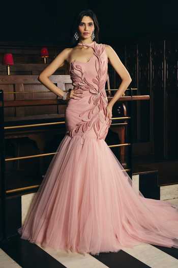 Buy Supria Munjal Pink Tulle Applique Asymmetric Neck Fishtail Gown Online at Aza Fashions Buy_Supria Munjal_Pink Tulle Applique Asymmetric Neck Fishtail Gown _Online_at_Aza_Fashions