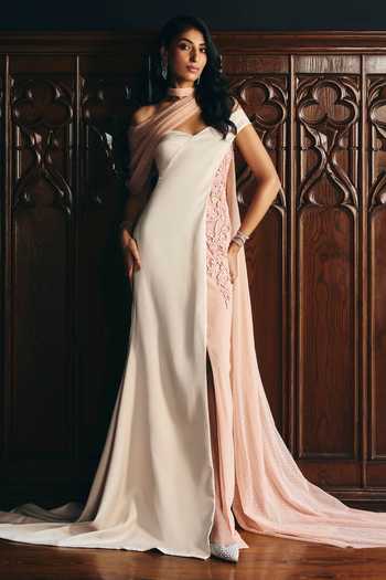 Shop Supria Munjal White Crepe, Tulle Embroidery, Lace One Shoulder Sheer Wrapped Gown Online at Aza Fashions Shop_Supria Munjal_White Crepe, Tulle Embroidery, Lace One Shoulder Sheer Wrapped Gown _Online_at_Aza_Fashions