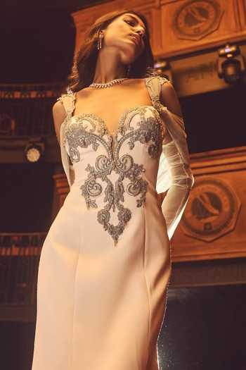 Supria Munjal Grey Crepe Embroidery Sweetheart Neck Draped Gown at Aza Fashions Supria Munjal_Grey Crepe Embroidery Sweetheart Neck Draped Gown _at_Aza_Fashions