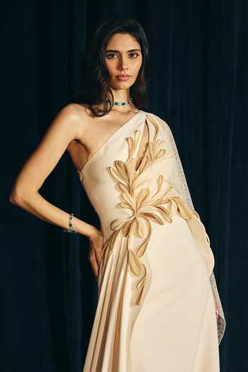 Buy Supria Munjal Beige Crepe, Tulle Applique One Shoulder Sculpted Gown Online at Aza Fashions Buy_Supria Munjal_Beige Crepe, Tulle Applique One Shoulder Sculpted Gown _Online_at_Aza_Fashions