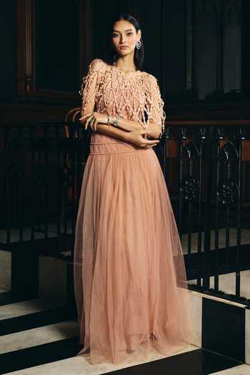Supria Munjal Peach Tulle Applique One Shoulder Gown Online at Aza Fashions Supria Munjal_Peach Tulle Applique One Shoulder Gown _Online_at_Aza_Fashions