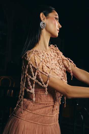 Buy Supria Munjal Peach Tulle Applique One Shoulder Gown Online at Aza Fashions Buy_Supria Munjal_Peach Tulle Applique One Shoulder Gown _Online_at_Aza_Fashions